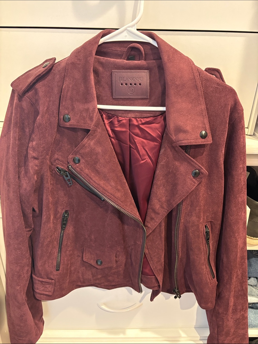 Blank NYC Suede Moto Jacket in Burgundy